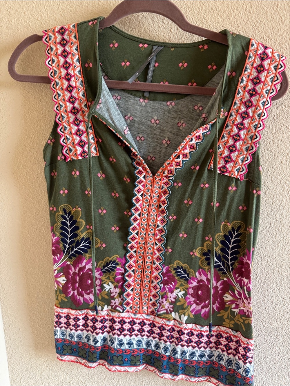Anthropologie Olive Green Floral Embroidered Tank with Pink and Purple Accents